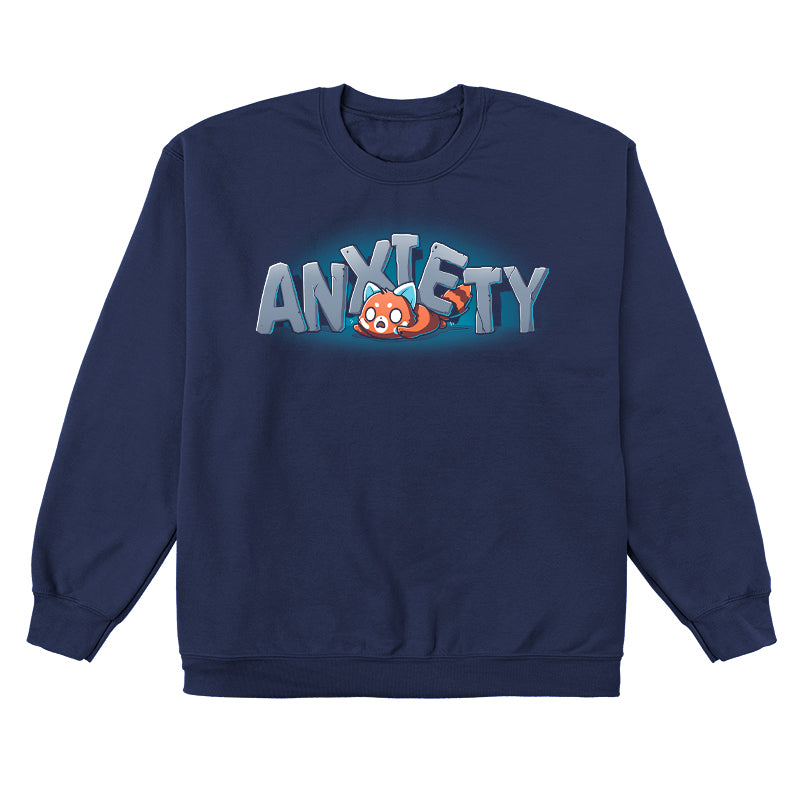 Crew Neck Sweatshirt_TeeTurtle Crushing Anxiety navy blue design featuring an anxious red panda being squished under giant letters made of stone that spell "Anxiety" on top of his body. 