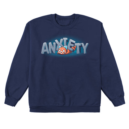 Crew Neck Sweatshirt_TeeTurtle Crushing Anxiety navy blue design featuring an anxious red panda being squished under giant letters made of stone that spell "Anxiety" on top of his body. 