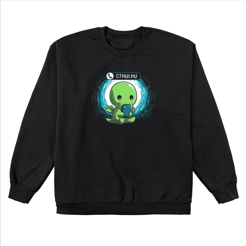 Crew Neck Sweatshirt_TeeTurtle Cthulhu Calling black design featuring a Cthulhu holding a smartphone and looking at the screen with an incoming call notification displaying "Cthulhu" at the top.