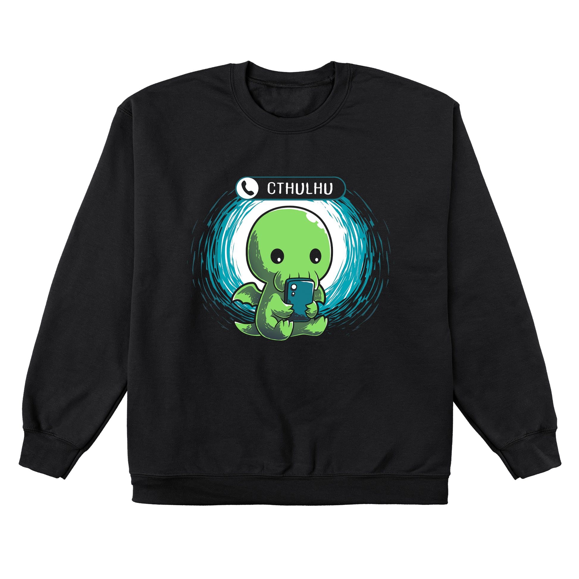 Crew Neck Sweatshirt_TeeTurtle Cthulhu Calling black design featuring a Cthulhu holding a smartphone and looking at the screen with an incoming call notification displaying "Cthulhu" at the top.