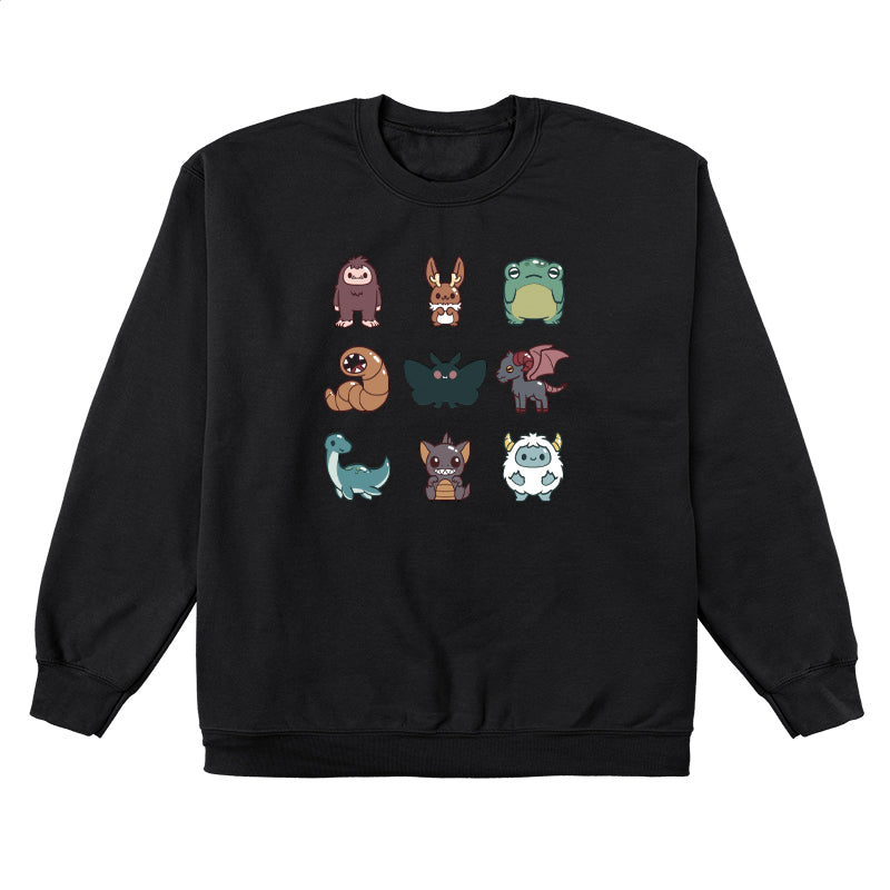 Crew Neck Sweatshirt_TeeTurtle Cute Cryptids black design featuring a grid of cute cryptids, featuring a bigfoot, bunny, frog, worm, moth, winged goat, aquatic dinosaur, bat, and yeti.