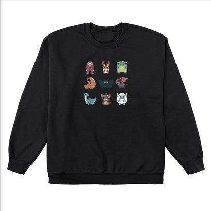 Crew Neck Sweatshirt_TeeTurtle Cute Cryptids black design featuring a grid of cute cryptids, featuring a bigfoot, bunny, frog, worm, moth, winged goat, aquatic dinosaur, bat, and yeti.