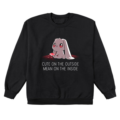 Crew Neck Sweatshirt_TeeTurtle Cute on the Outside, Mean on the Inside black t-shirt featuring a a cute bunny with big eyes drawing red skulls with a crayon, with text "Cute on the Outside, Mean on the Inside" beneath it. 