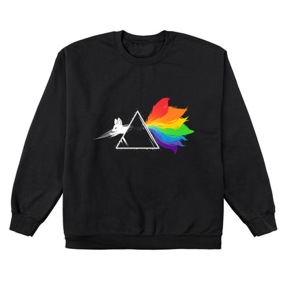 Crew Neck Sweatshirt_TeeTurtle black Dark Side of the Kitsune. Featuring a white kitsune jumping through a triangular prism with a rainbow-colored tail.