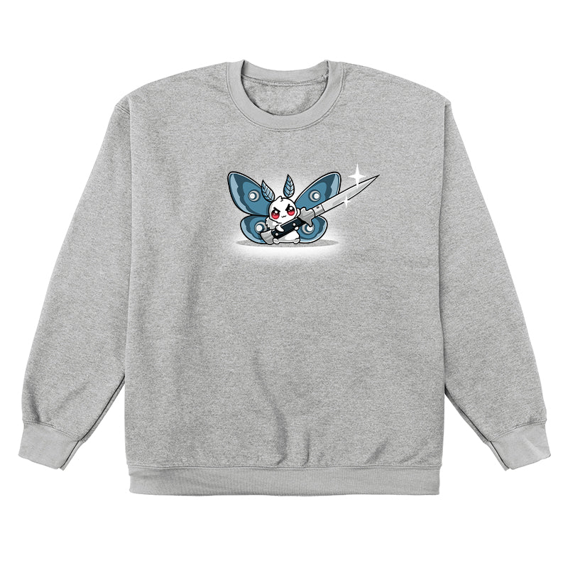 Crew Neck Sweatshirt_TeeTurtle Deadly Moth heather gray design featuring a oth character with red eyes and blue wings holds a large shiny knife with a smile that hints at dark humor.