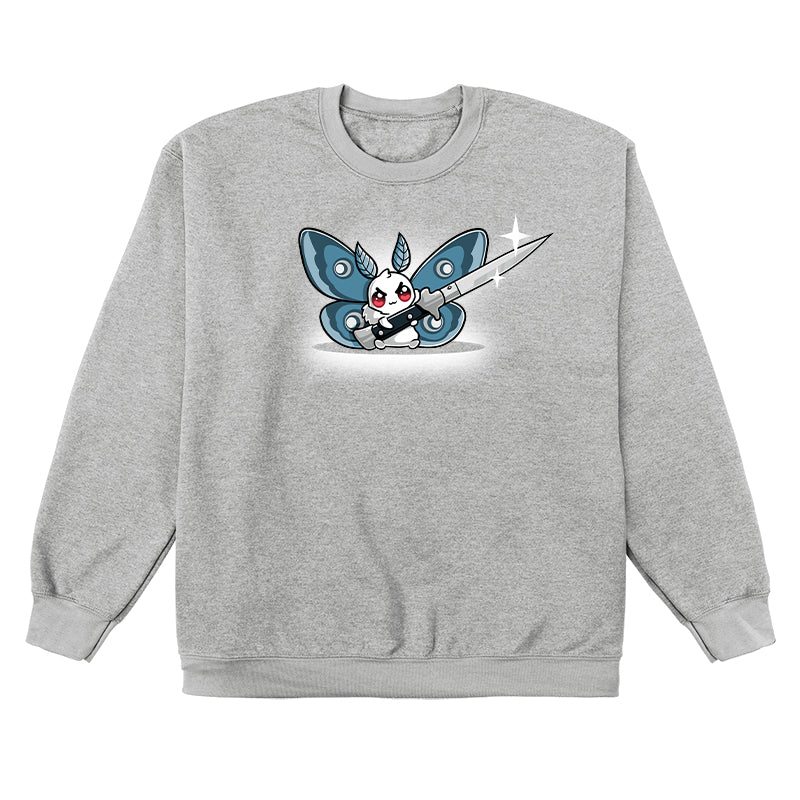 Crew Neck Sweatshirt_TeeTurtle Deadly Moth silver gray t-shirt featuring a moth character with red eyes and blue wings holds a large shiny knife with a smile that hints at dark humor.