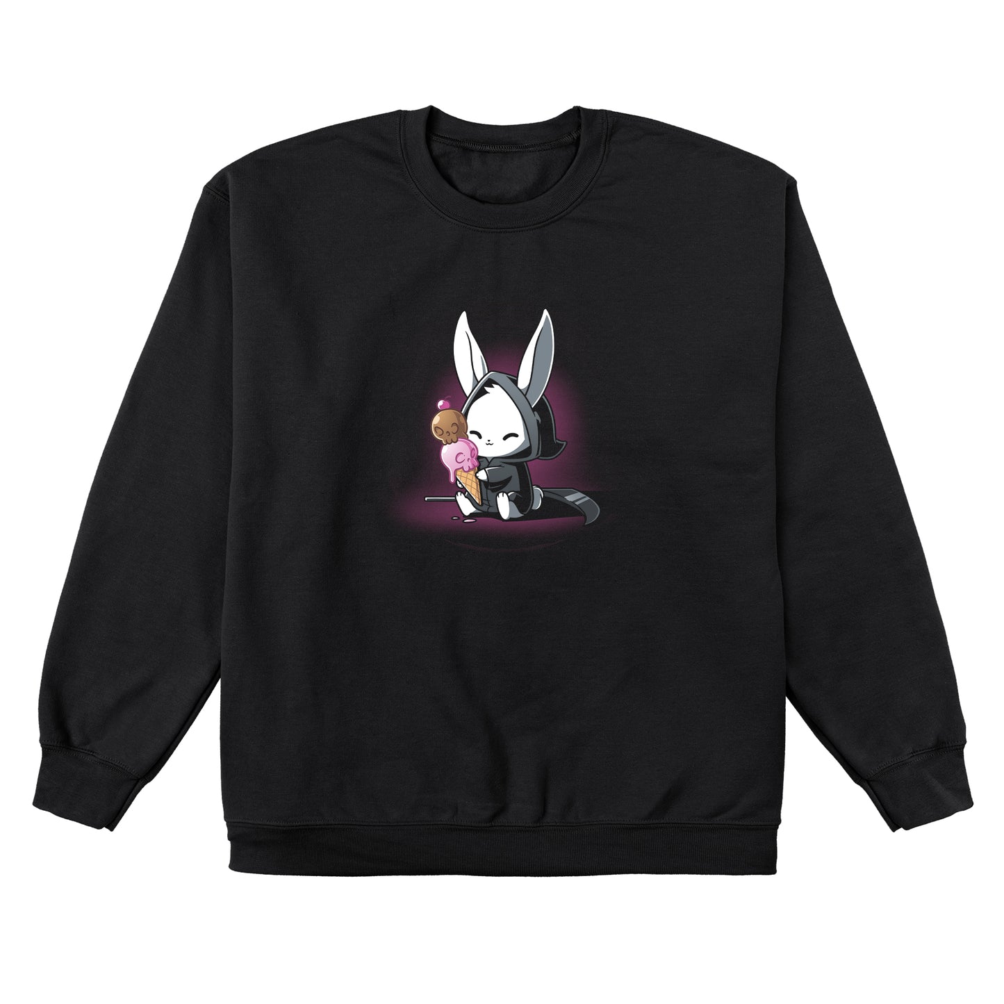 Crew Neck Sweatshirt_TeeTurtle Death By Ice Cream black design featuring a rabbit in a black cloak with a double-scoop ice cream cone.