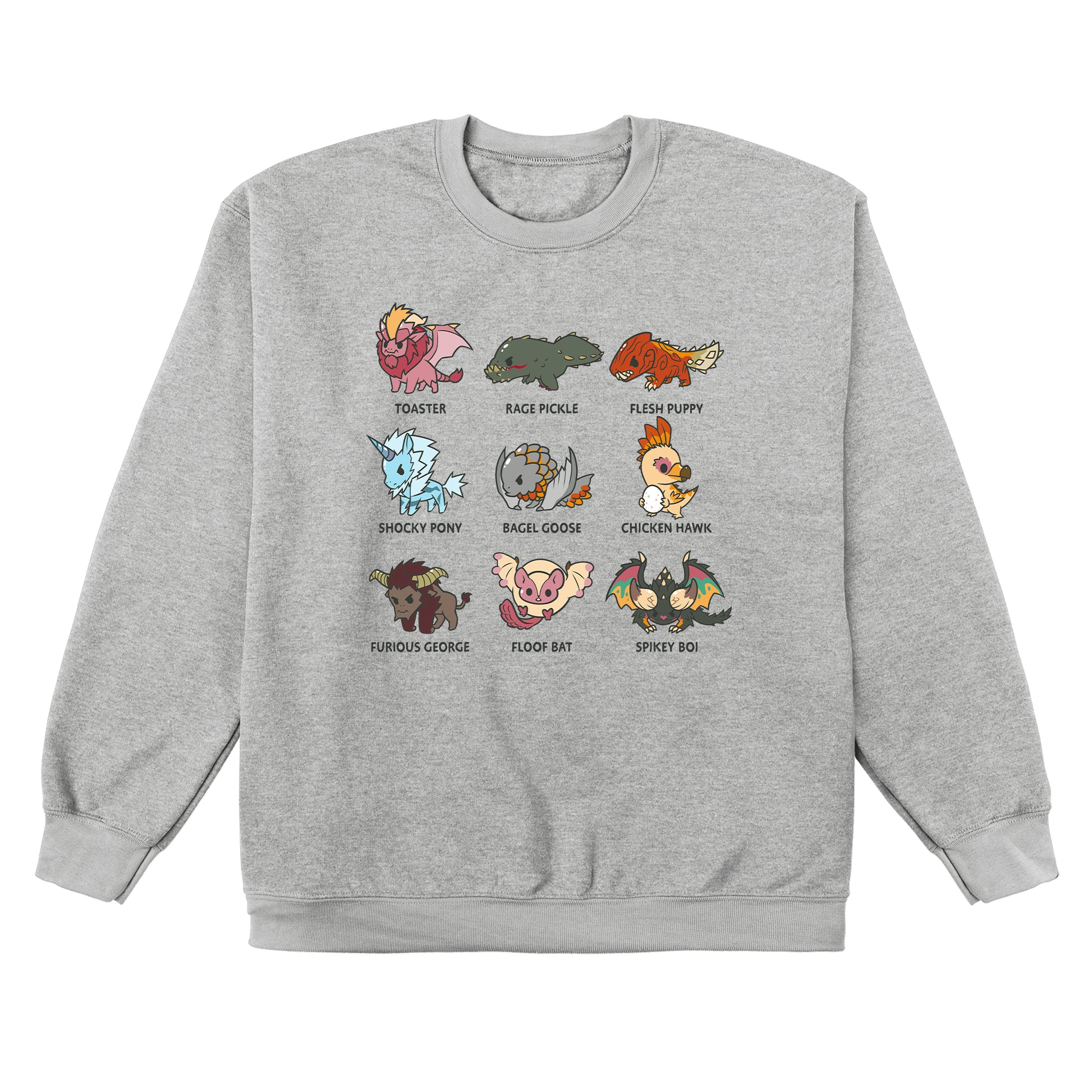 Crew Neck Sweatshirt_TeeTurtle heather gray Derpy Monster Hunter Grid apparel featuring various Monster Hunter boss monsters with their fandom nicknames in a grid, in the order of Toaster, Rage Pickle, Flesh Puppy, Shock Pony, Bagel Goose, Chicken Hawk, Furious George, Floof Bat, and Spikey Boi.
