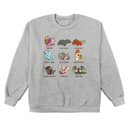 Crew Neck Sweatshirt_TeeTurtle heather gray Derpy Monster Hunter Grid apparel featuring various Monster Hunter boss monsters with their fandom nicknames in a grid, in the order of Toaster, Rage Pickle, Flesh Puppy, Shock Pony, Bagel Goose, Chicken Hawk, Furious George, Floof Bat, and Spikey Boi.