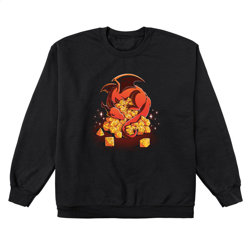 Crew Neck Sweatshirt_A red dragon is curled around an overflowing pile of yellow polyhedral dice, with sparkles around. Show off your inner Dice Hoarder with this black monsterdigital Dice Hoarder apparel crafted from super soft ringspun cotton. The dice include various types ranging from d4 to d20.