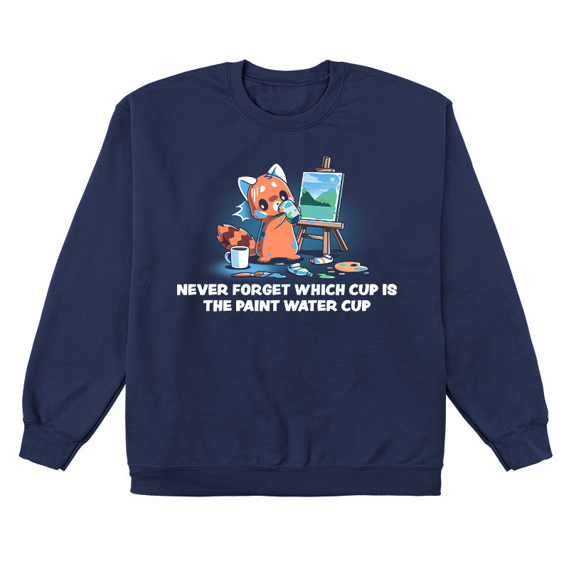 Crew Neck Sweatshirt_TeeTurtle Don’t Drink the Paint Water navy blue design featuring a red panda that’s painting a picture and taking a sip of paint water and looking at the mug of coffee on the floor.