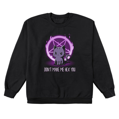 Crew Neck Sweatshirt_TeeTurtle Don't Make Me Hex You black design featuring a cat in front of a purple flaming pentagram.