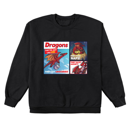 Crew Neck Sweatshirt_TeeTurtle black Dragons: They're Just Like Us! sweatshirt featuring a dragon getting groceries by holding a cow in a grocery bag and flying in the sky, taking a nap on a pile of gold coins, and shaking from anxiety.