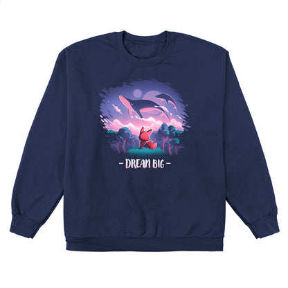 Crew Neck Sweatshirt_TeeTurtle Dream Big navy blue t-shirt featuring an orange fox who gazes at magical whales flying in the night sky above a fantasy forest with the text "Dream Big" below.