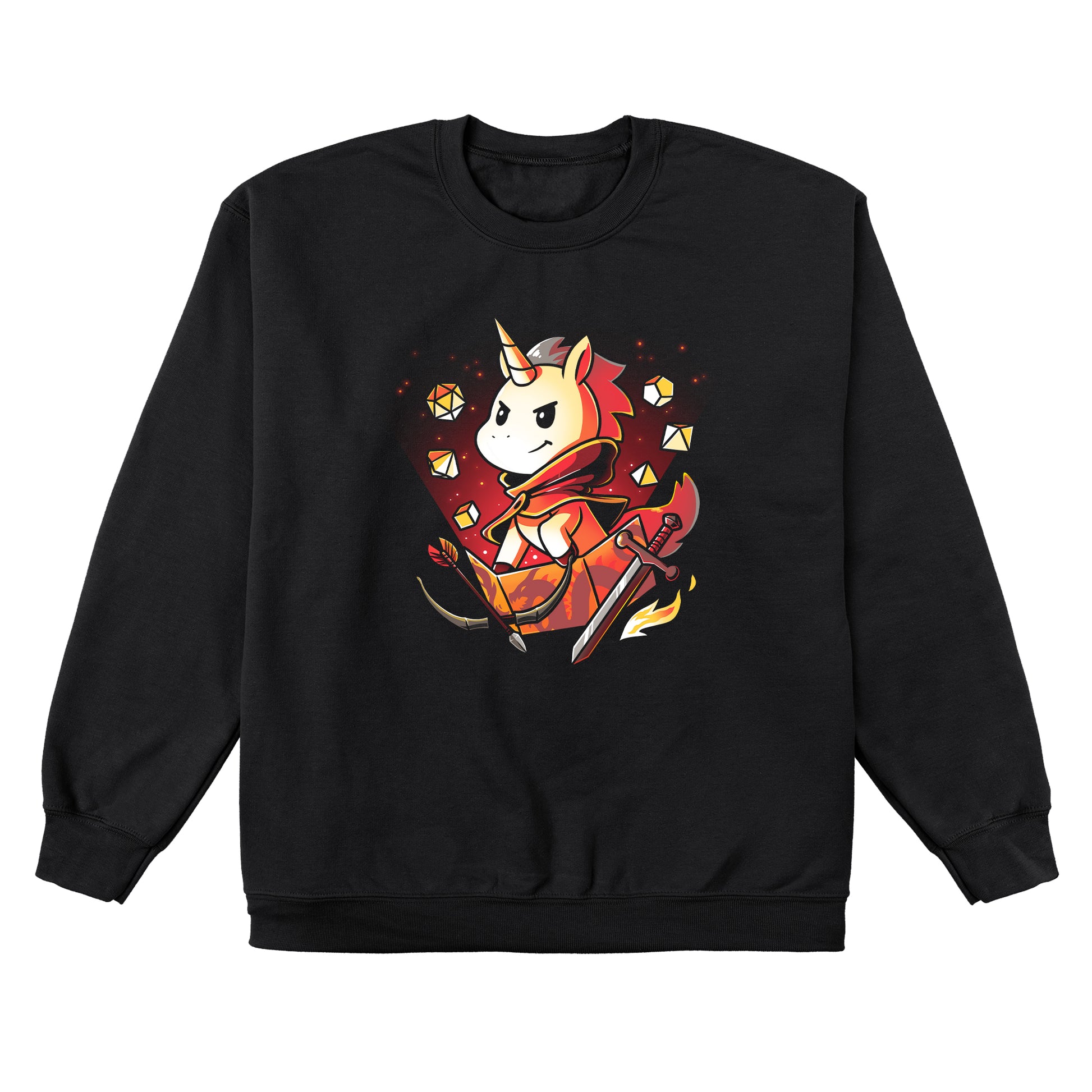 Crew Neck Sweatshirt_TeeTurtle Dungeons & Unicorns black design featuring a unicorn dungeon master surrounded by tabletop gaming dice and weapons.