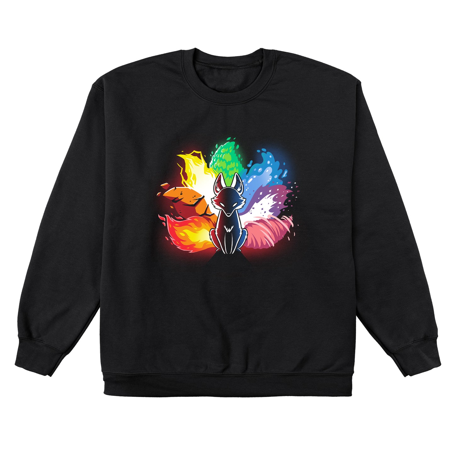 Crew Neck Sweatshirt_Stylized image of an Elemental Kitsune with elements of fire, water, earth, and air surrounding it. The fox is in a sitting position with a black body and glowing eyes. This graces our monsterdigital Elemental Kitsune, offering both comfort and style.