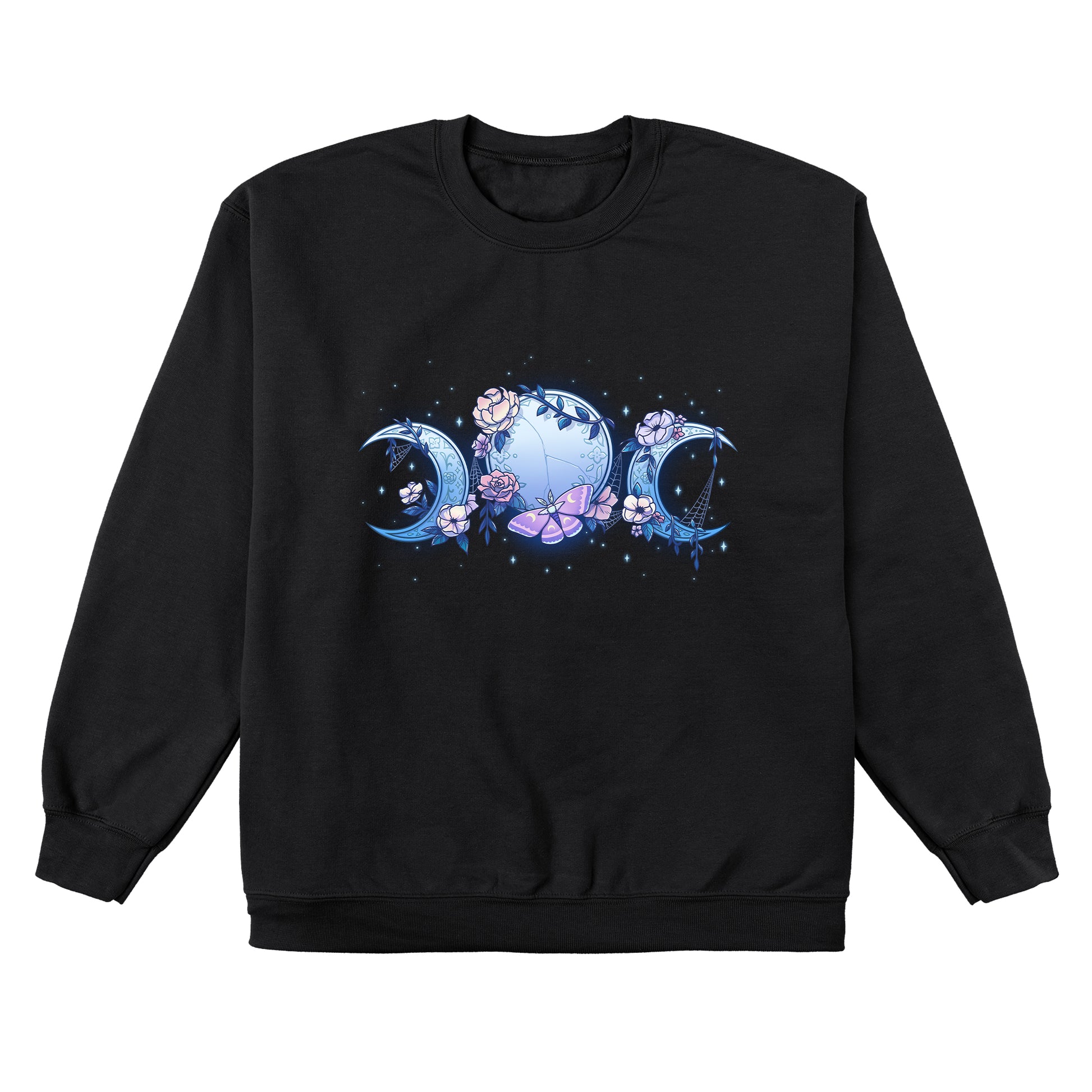 Crew Neck Sweatshirt_TeeTurtle black Enchanted Moons featuring a full moon surrounded by crescent moons on each side with flowers, cobwebs, and a moth.