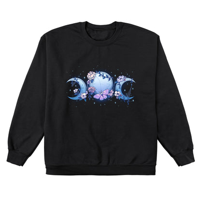 Crew Neck Sweatshirt_TeeTurtle black Enchanted Moons featuring a full moon surrounded by crescent moons on each side with flowers, cobwebs, and a moth.