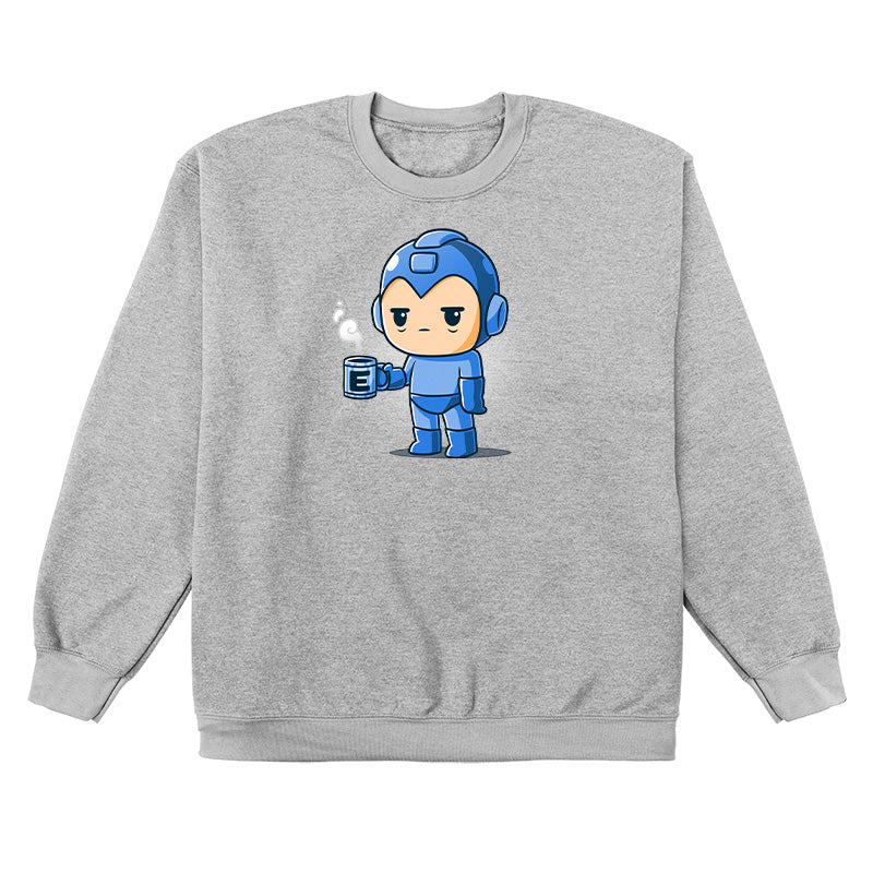Crew Neck Sweatshirt_TeeTurtle heather gray Energy Capsule Needed apparel featuring a slee-deprived Mega Mag holding a steaming blue cup of coffee with an E on it.