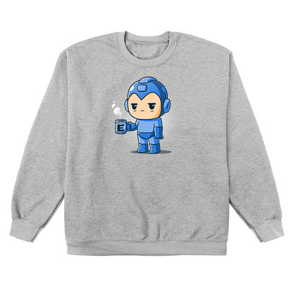 Crew Neck Sweatshirt_TeeTurtle heather gray Energy Capsule Needed apparel featuring a slee-deprived Mega Mag holding a steaming blue cup of coffee with an E on it.