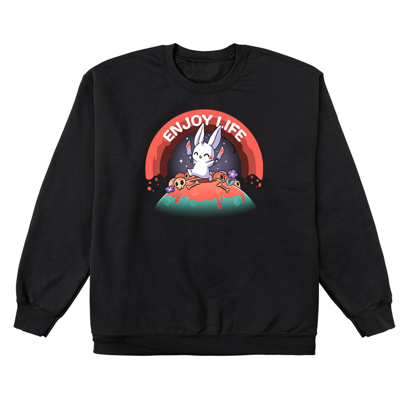 Crew Neck Sweatshirt_TeeTurtle black Enjoy Life apparel featuring a bunny holding bloody knives in both paws, and skipping on a grassy hill littered with blood, bones, and purple flowers with a bloody rainbow in the background, and the caption, “Enjoy Life“.