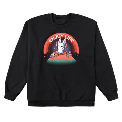 Crew Neck Sweatshirt_TeeTurtle black Enjoy Life apparel featuring a bunny holding bloody knives in both paws, and skipping on a grassy hill littered with blood, bones, and purple flowers with a bloody rainbow in the background, and the caption, “Enjoy Life“.