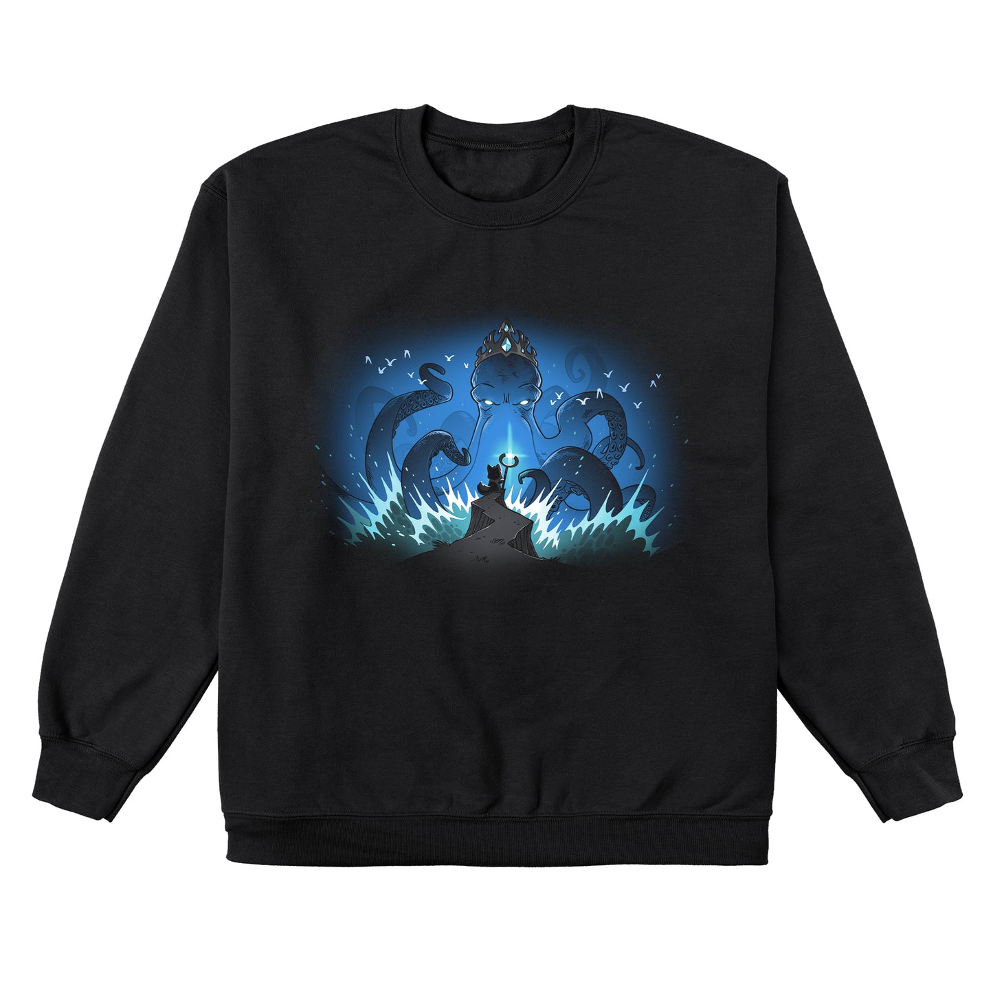 Crew Neck Sweatshirt_TeeTurtle black Face the Kraken apparel featuring a small fox standing on a cliff holding a shining staff facing off against a giant crowned kraken emerging from the sea and sea gulls flying around the kraken’s head.