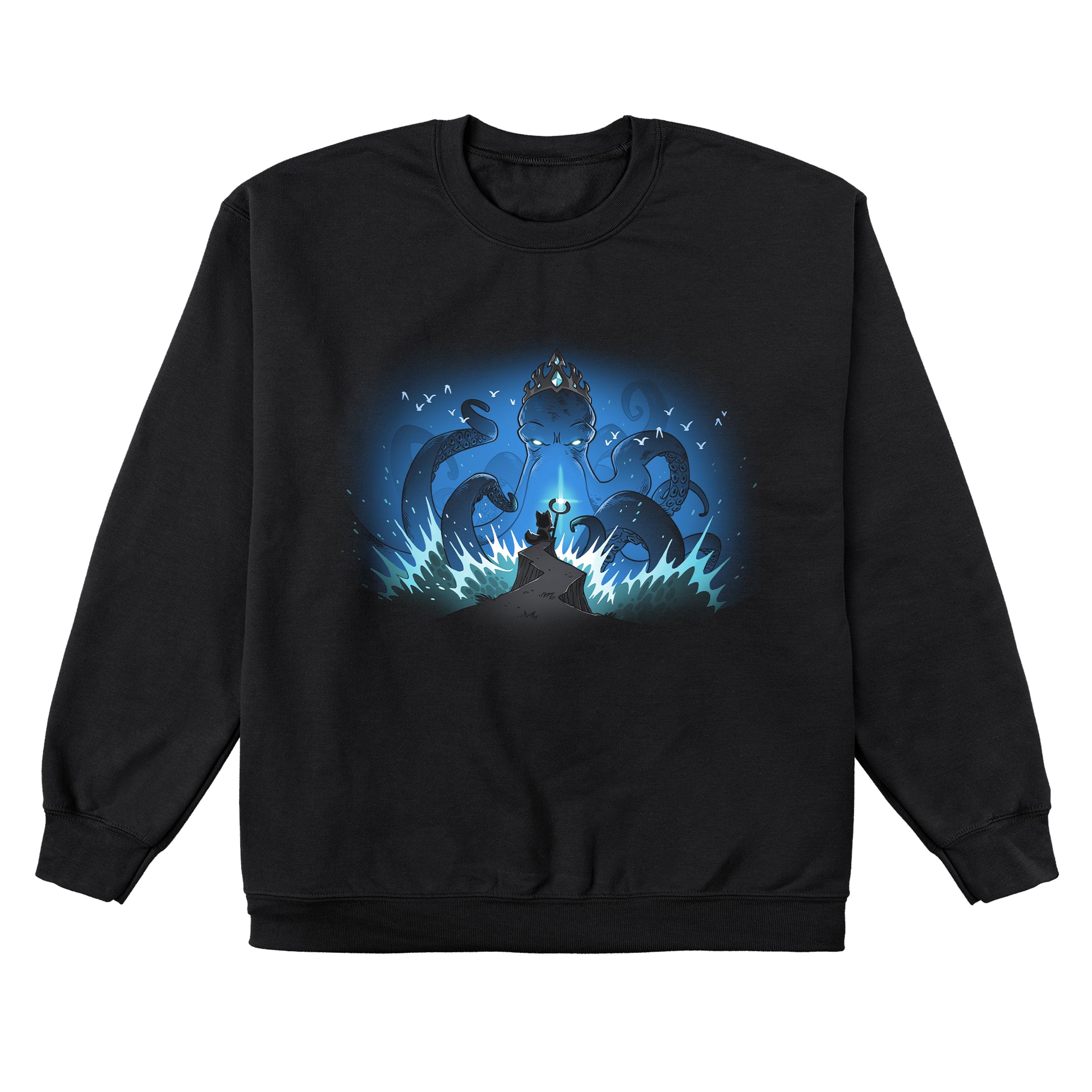 Crew Neck Sweatshirt_TeeTurtle black Face the Kraken apparel featuring a small fox standing on a cliff holding a shining staff facing off against a giant crowned kraken emerging from the sea and sea gulls flying around the kraken’s head.