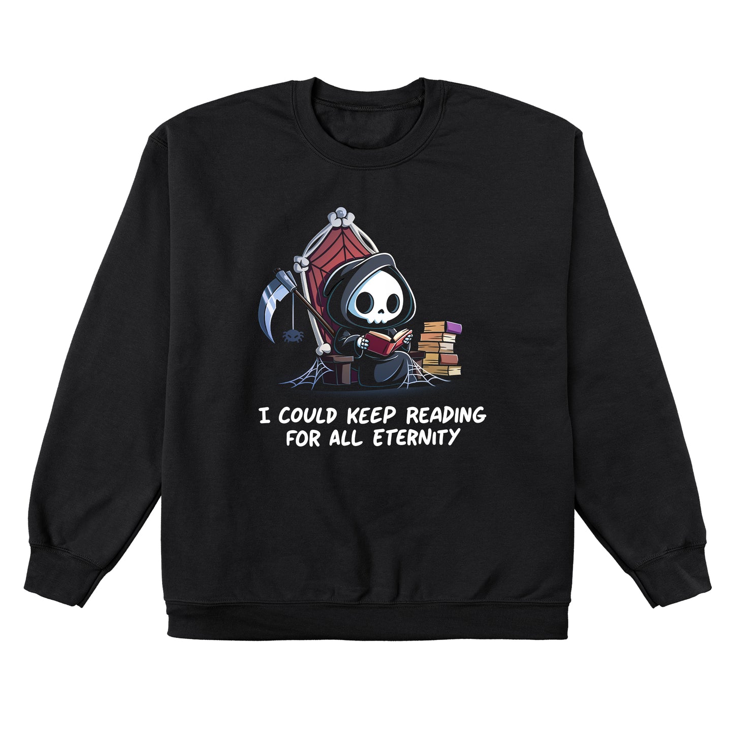 Crew Neck Sweatshirt_TeeTurtle black Eternal Reader featuring the Grim Reaper on a cobwebbed throne reading a book with text, “I could keep reading for all eternity“.