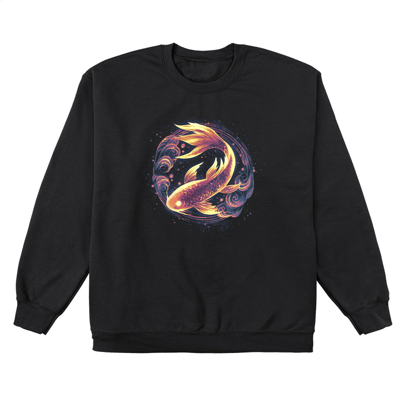 Crew Neck Sweatshirt_TeeTurtle black Ethereal Koi apparel featuring a bronze koi with gold highlights framed by a circle with cloud elements.