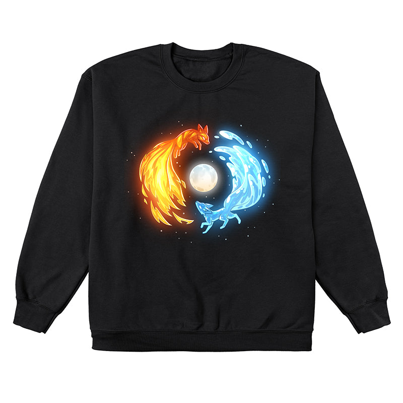 Crew Neck Sweatshirt_TeeTurtle black Fire and Water Kitsune Crew Neck Sweatshirt featuring fire and water kitsunes running in a circle around a full moon.