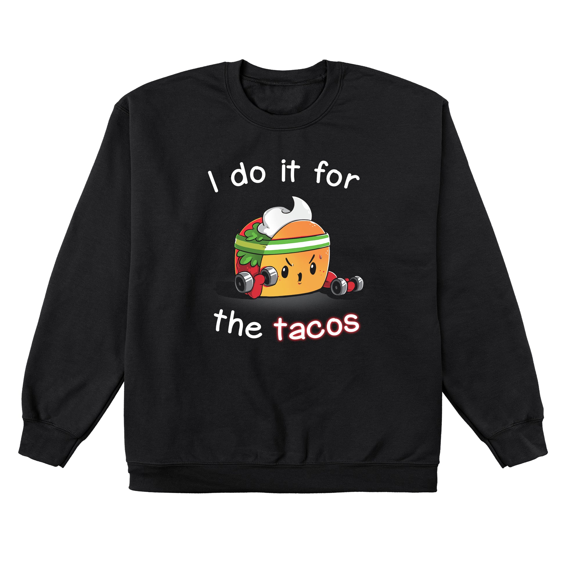 Crew Neck Sweatshirt_TeeTurtle For the Tacos black design featuring a taco lifting weights.