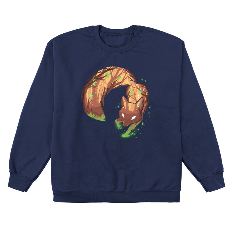 Crew Neck Sweatshirt_Illustrated fox with tree bark texture and green leaves on its body, bending in a circular shape against a dark background with glowing green particles on a super soft ringspun cotton Forest Fox apparel by monsterdigital.