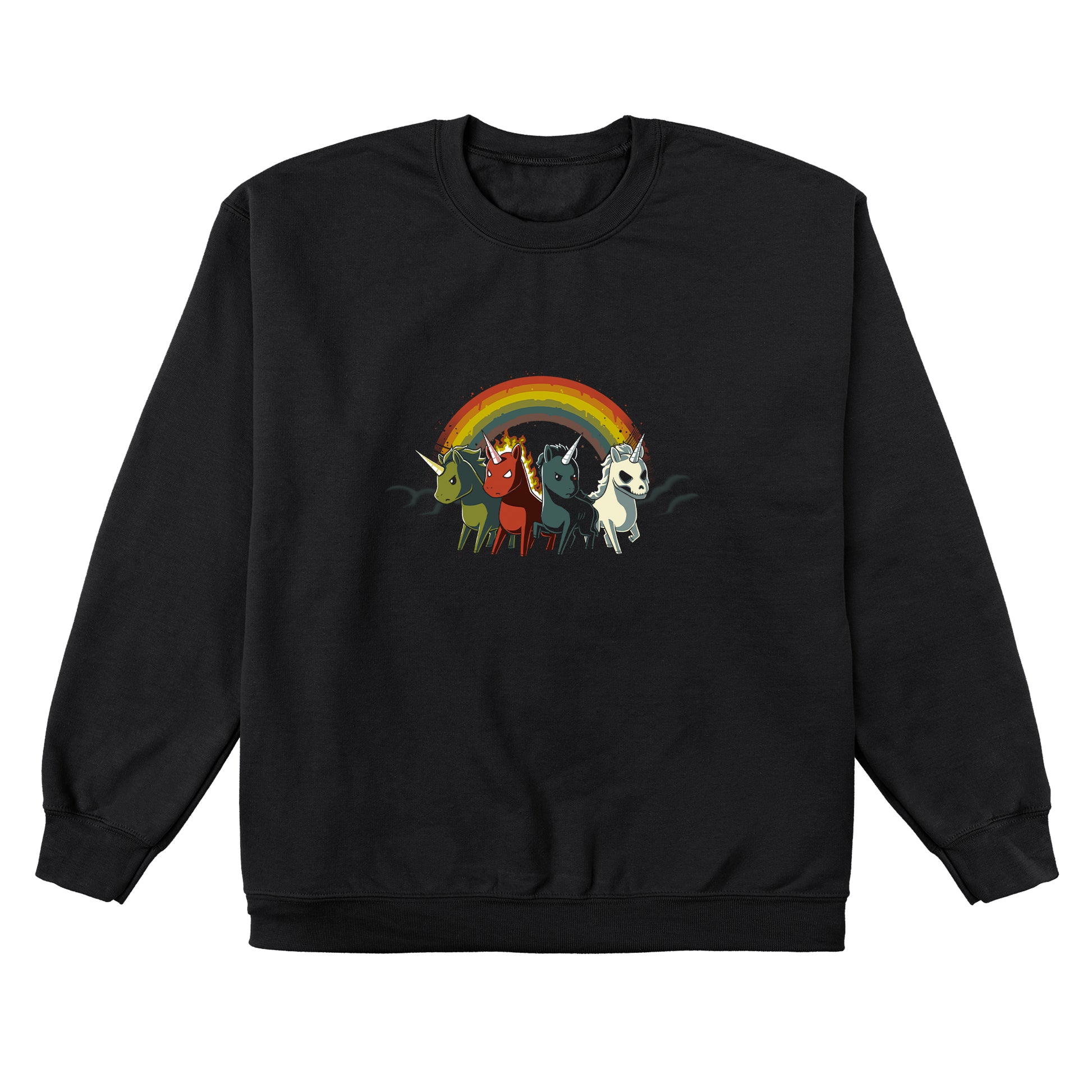 Crew Neck Sweatshirt_TeeTurtle black Four Unicorns of the Apocalypse. Featuring four apocalyptic unicorns with a rainbow in the background.