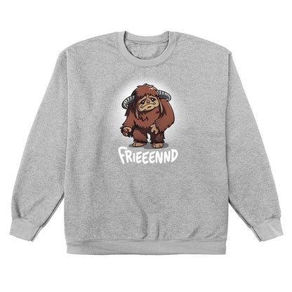 Crew Neck Sweatshirt_TeeTurtle heather gray Frieeennd apparel featuring a sad Ludo, with the caption, “Frieeennd“.