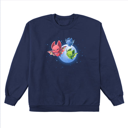 Crew Neck Sweatshirt_TeeTurtle Fruit Bats navy blue design featuring three colorful fruit bats (red, green, blue) with decorative wings flying against a night sky with a full moon and stars.