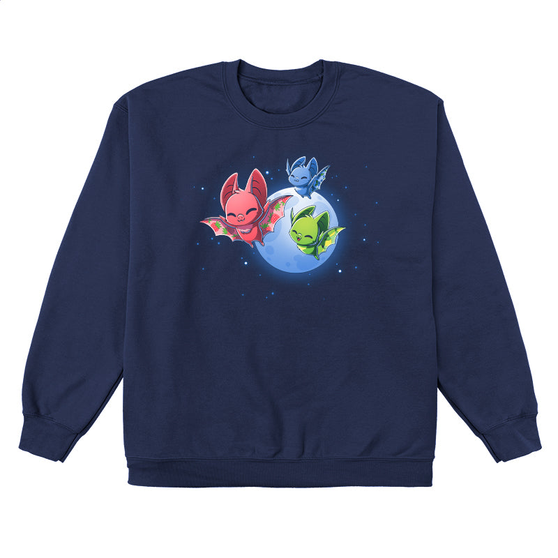 Crew Neck Sweatshirt_TeeTurtle Fruit Bats navy blue design featuring three colorful fruit bats (red, green, blue) with decorative wings flying against a night sky with a full moon and stars.