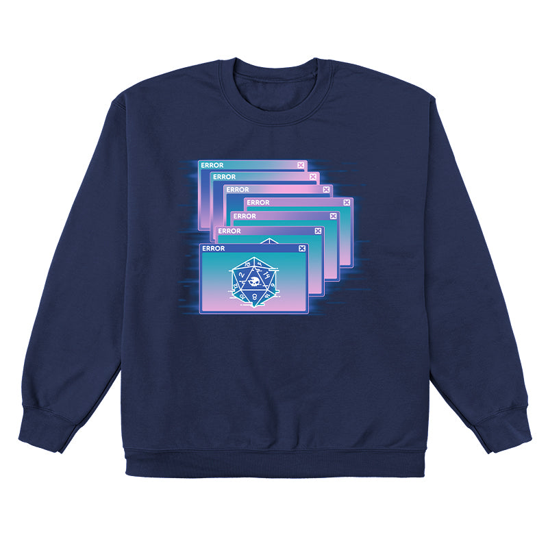 Crew Neck Sweatshirt_TeeTurtle GlitchWave D20 navy blue design featuring a series of overlapping error messages with a vaporwave gradient background, featuring an icon of a 20-sided die displaying numbers and a skull symbol.