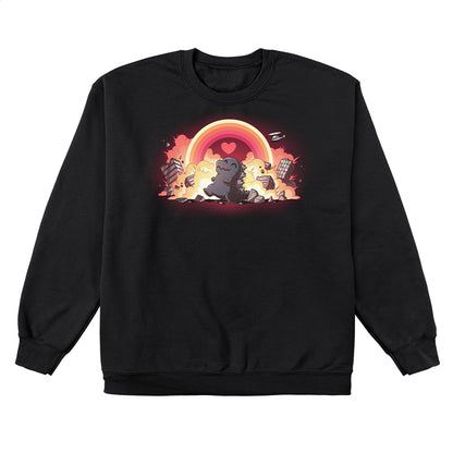 Crew Neck Sweatshirt_TeeTurtle black Godzilla's Happy Place apparel featuring a happy Godzilla rampaging through collapsing and exploding buildings, with a rainbow that has a heart in the center in the sky.