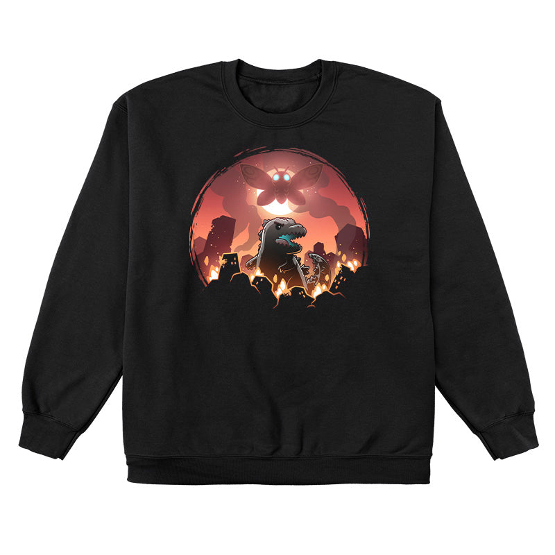 Crew Neck Sweatshirt_TeeTurtle black Godzilla and Mothra Rampage apparel featuring Godzilla rampaging around a burning city with Mothra floating in the sky in front of a full moon.