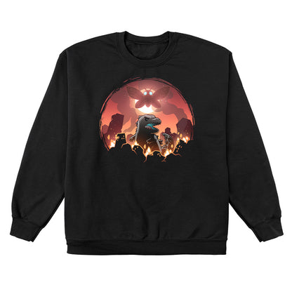 Crew Neck Sweatshirt_TeeTurtle black Godzilla and Mothra Rampage apparel featuring Godzilla rampaging around a burning city with Mothra floating in the sky in front of a full moon.
