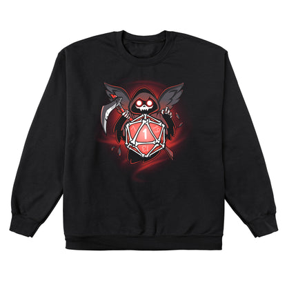 Crew Neck Sweatshirt_TeeTurtle Grim Reaper's Roll black design featuring a hooded figure with wings and a scythe, holding a red 20-sided dice showing the number 1, surrounded by a dark, swirling background.