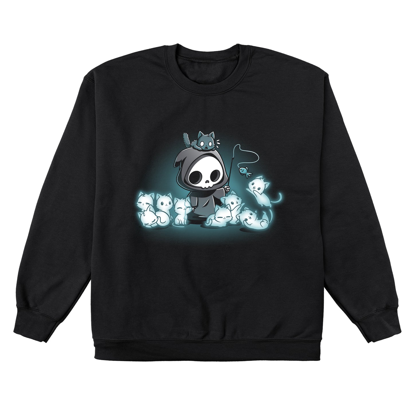 Crew Neck Sweatshirt_TeeTurtle Grim and Kitties black t-shirt featuring a hooded skeleton figure, resembling a spooky Grim Reaper, standing surrounded by glowing ghostly cats. One cat is perched on its head while it playfully dangles a toy fish in front of the others.