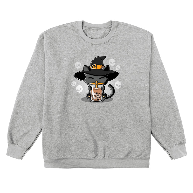 Crew Neck Sweatshirt_TeeTurtle sport gray Halloween Boba Cat. Featuring a cat with a witch hat sipping on drinking skull-shaped bubble tea.