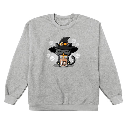 Crew Neck Sweatshirt_TeeTurtle sport gray Halloween Boba Cat. Featuring a cat with a witch hat sipping on drinking skull-shaped bubble tea.