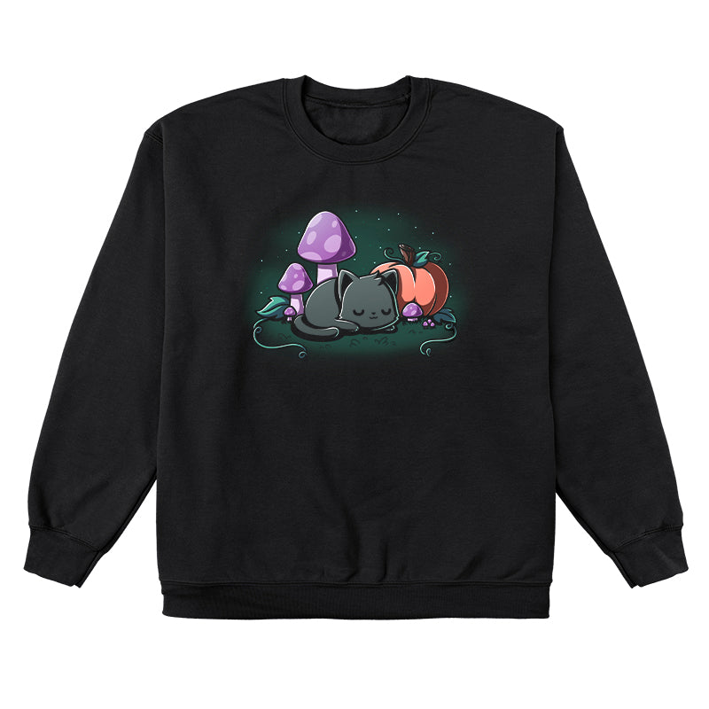 Crew Neck Sweatshirt_TeeTurtle black Harvest Haze apparel featuring a black cat sleeping among a pumpkin and purple mushrooms.