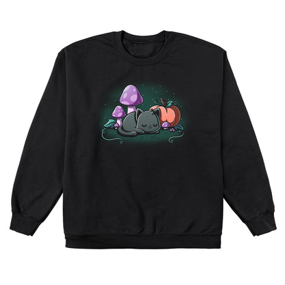 Crew Neck Sweatshirt_TeeTurtle black Harvest Haze apparel featuring a black cat sleeping among a pumpkin and purple mushrooms.