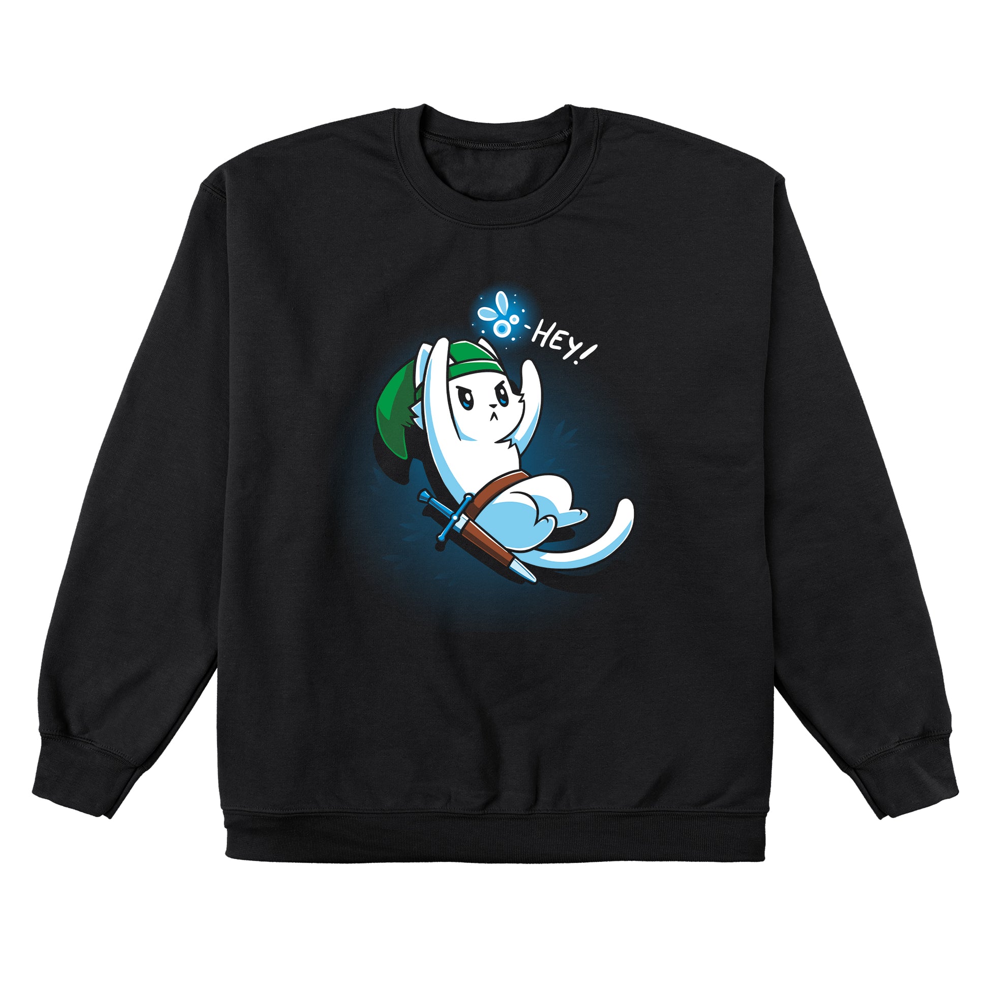 Crew Neck Sweatshirt_A cartoon white cat dressed as a warrior with a green hat, holding a sword, looks up on this black monsterdigital apparel. An animated creature above its head says "Hey!" in this super soft ringspun cotton tee.