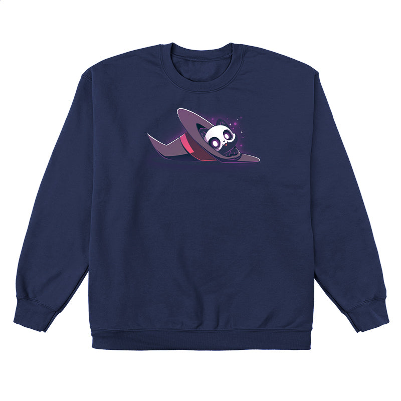 Crew Neck Sweatshirt_TeeTurtle navy blue Hocus Purrcus apparel featuring a black cat with a skeleton mask peeking out of a purple witch hat lying on its side.