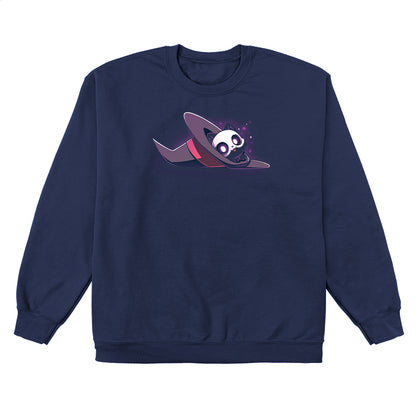 Crew Neck Sweatshirt_TeeTurtle navy blue Hocus Purrcus apparel featuring a black cat with a skeleton mask peeking out of a purple witch hat lying on its side.